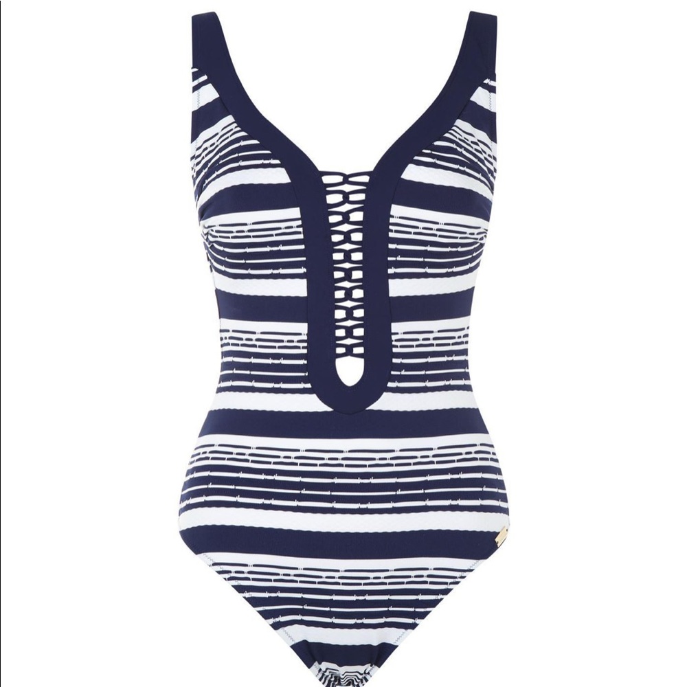 Maryam Mehlhorn Blue Stripe Laced Front Swimsuit